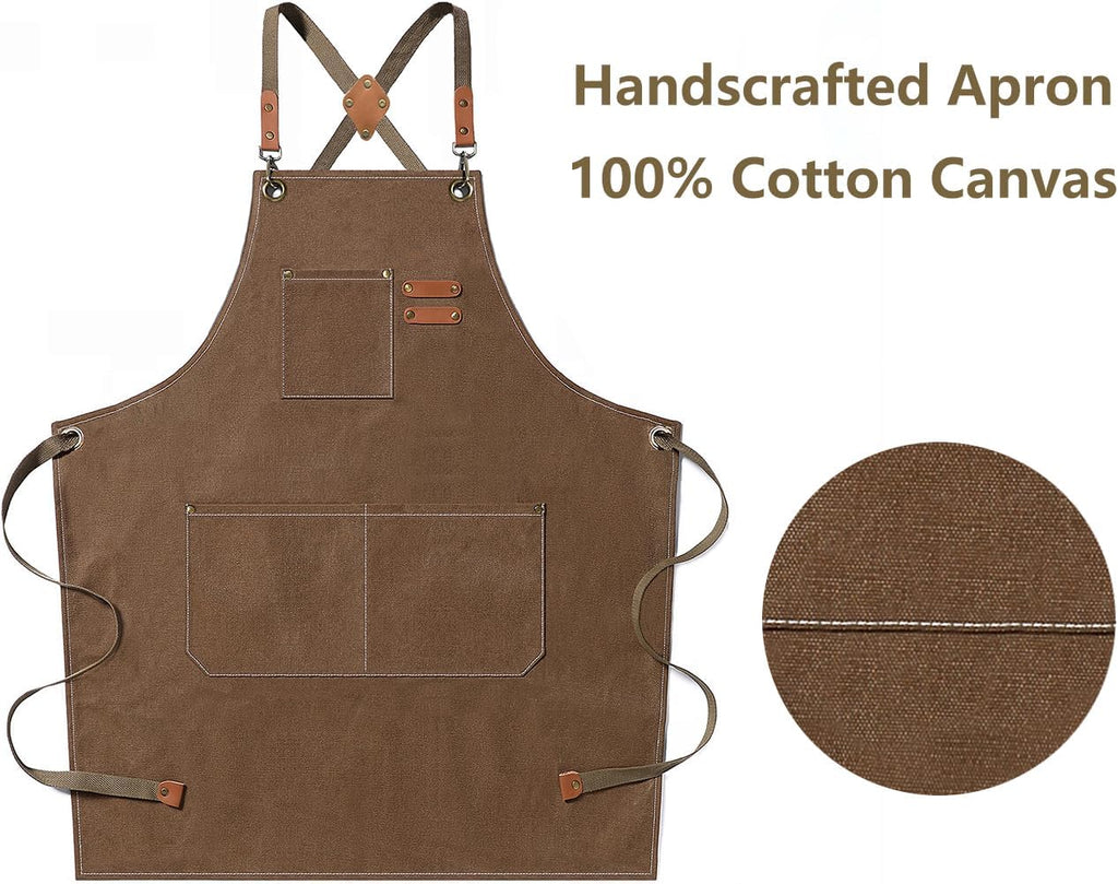 AFUN Chef Aprons for Men Women with Large Pockets, Cotton Canvas Cross Back Heavy Duty Adjustable Work Apron, Size M to XXL (Brown)