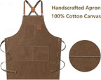 AFUN Chef Aprons for Men Women with Large Pockets, Cotton Canvas Cross Back Heavy Duty Adjustable Work Apron, Size M to XXL (Brown)