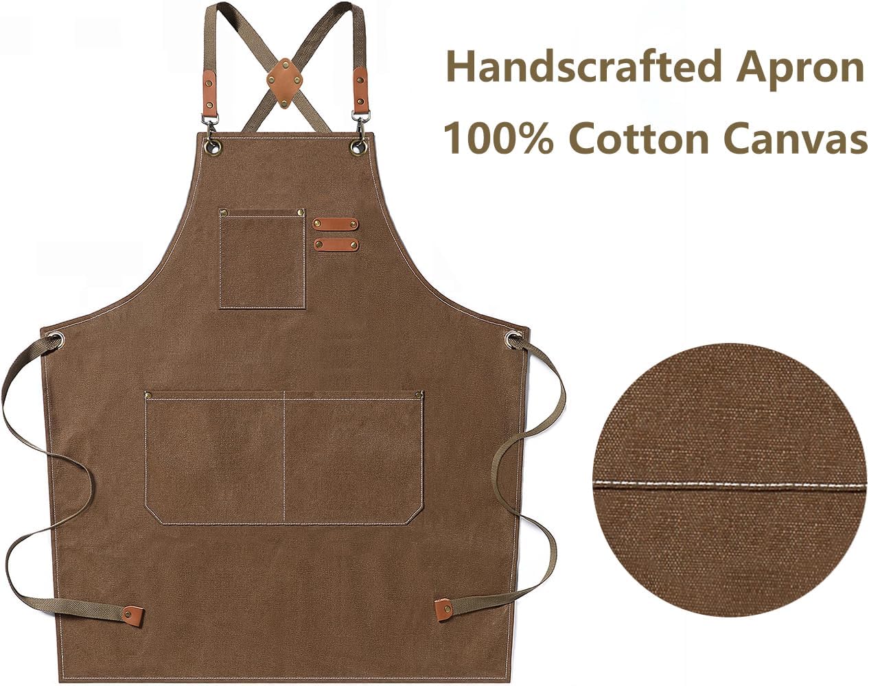 AFUN Chef Aprons for Men Women with Large Pockets, Cotton Canvas Cross Back Heavy Duty Adjustable Work Apron, Size M to XXL (Brown)