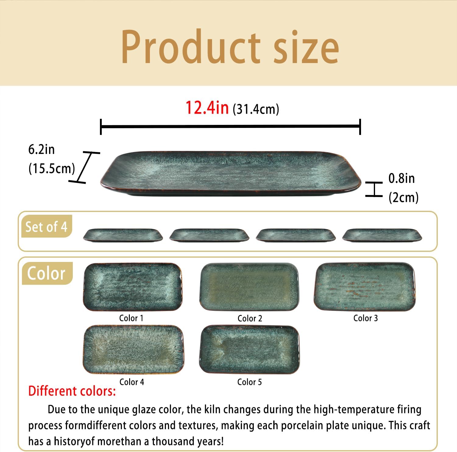 Ceramic Serving Dinner Plate Set, 4-Piece for Main Meals, Tacos, Lunches, Snack, Platters - Microwave and Dishwasher Safe, Scratch Resistant, Kitchen Serving Dinnerware, Black 12.4 Inch