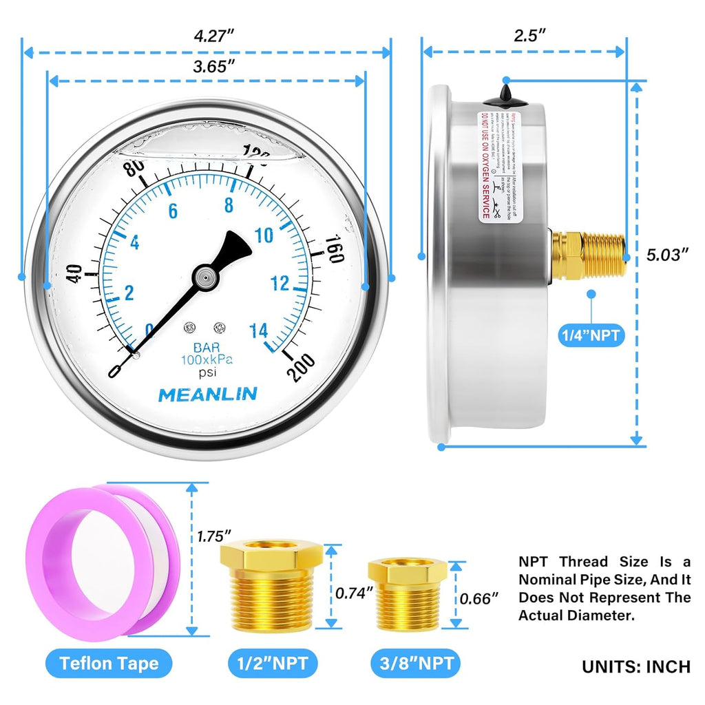 MEANLIN MEASURE 0~200Psi Stainless Steel 1/4" NPT 4" FACE DIAL Liquid Filled Pressure Gauge WOG Water Oil Air Back Mount, with 1/4" x 1/2" NPT and 1/4" x 3/8" NPT Hex Bushing