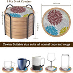 Wood Coasters Set of 6 with Holder, Cewiru Cup Mat for Drinks, Absorbent Coasters with Felt Insert for Coffee Table Protection, Modern Style Home Dining Table Decor, 4.3" Colorful