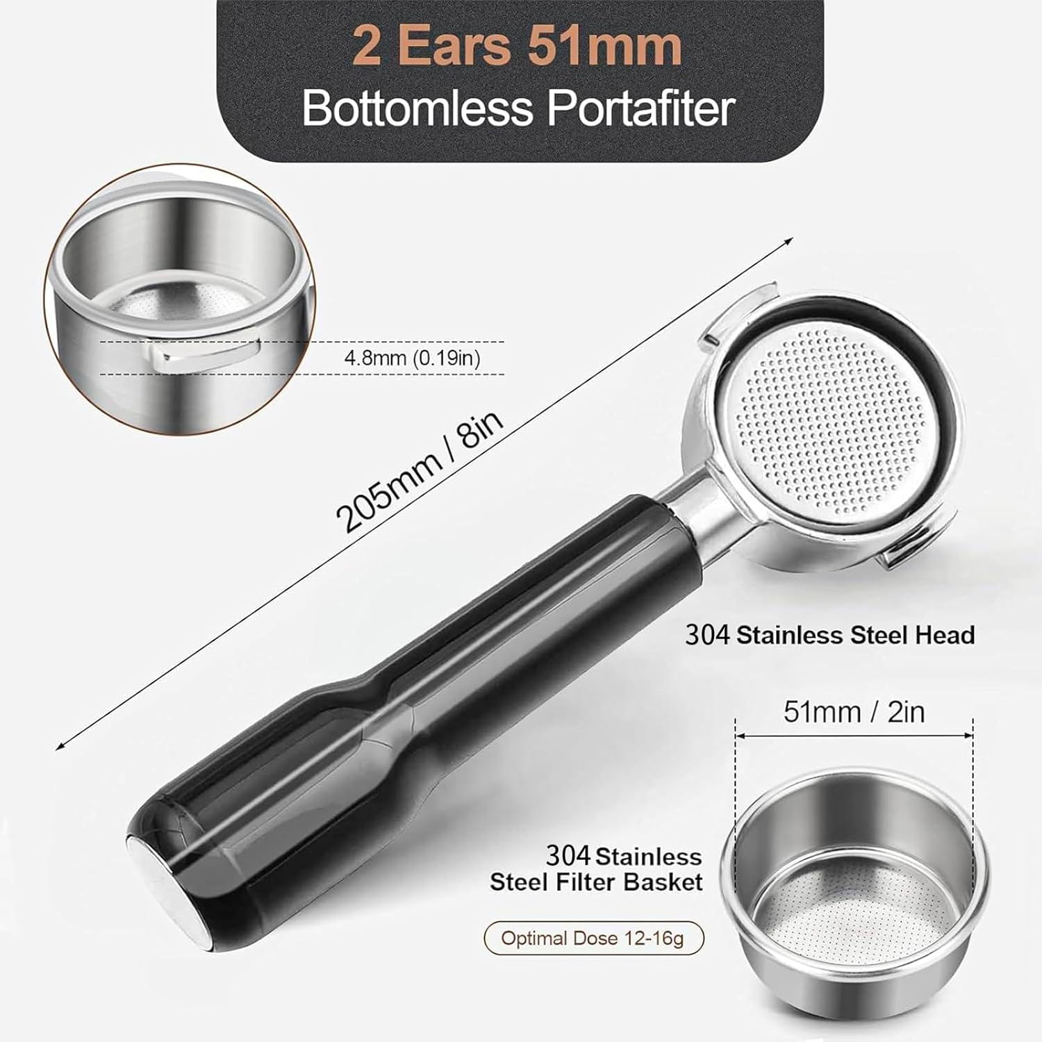 51mm Bottomless Portafilter Compatible for Delonghi ECP3420/ECP3120/EC155/BCO430/EC260, 2 Ears, with Stainless Steel Double Shot Capacity Cup Filter Basket
