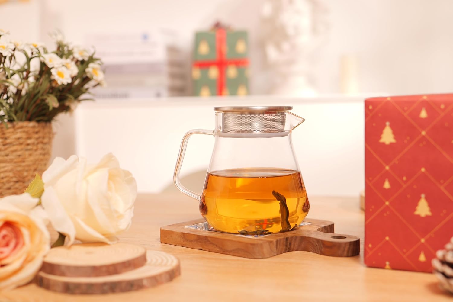 CNGLASS One-Touch Glass Teapot with Stainless Steel Filter Lid,20oz(600ml) Glear Tea Kettle Stovetop Safe,Borosilicate Glass Tea Pots for Loose Leaf Tea