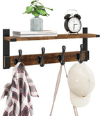Homode Coat Rack Wall Mount with Shelf, Wood Wall Hooks with Shelf, Heavy Duty Entryway Shelf with Hooks with 4 Metal Hangers for Hanging Key Towel Hat Purse, Bathroom Bedroom, Rustic Brown Black