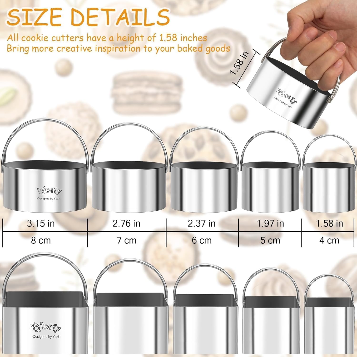 Cookie Biscuit Cutters for Baking Set of 10 pcs, Square and Round Cookie Biscuit Cutters Set with Handle, Small Cookies Biscuits Pastry Brownie Cutter Cake Cutter Tool