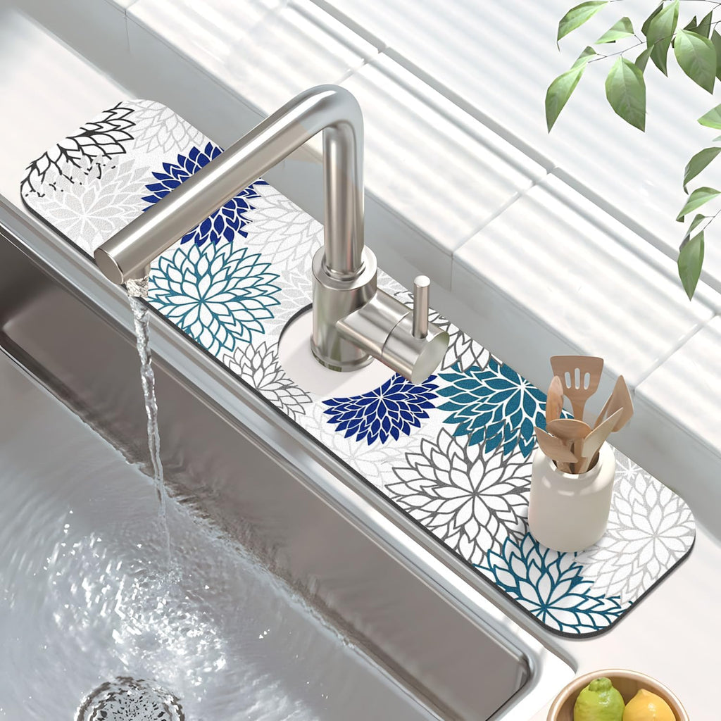 Findosom 2PCS 16" x 24" Dish Drying Mat & 24" x 5.5" Sink Splash Guard, Super Absorbent & Cuttable Dish Mat Drying Kitchen Mat with Blue Floral, Hide Stain Drying Mat for Kitchen Counter