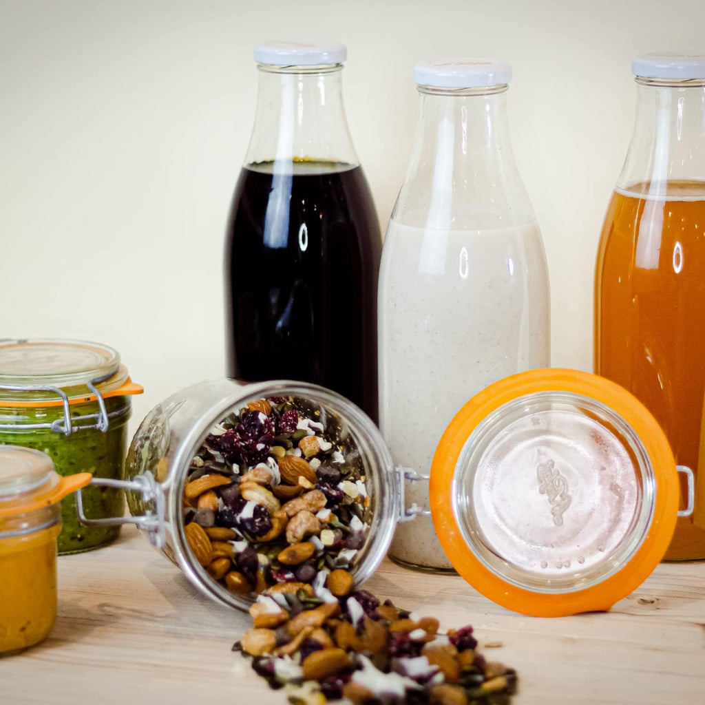 Le Parfait Bottles French Glass Milk Bottle with 48mm Printed Logo Airtight Metal Twist Cap | Used for Smoothie, Water Bottle, Preserved Tomato Sauce & other Soups| 32oz (Pack of 6) 1 Liter