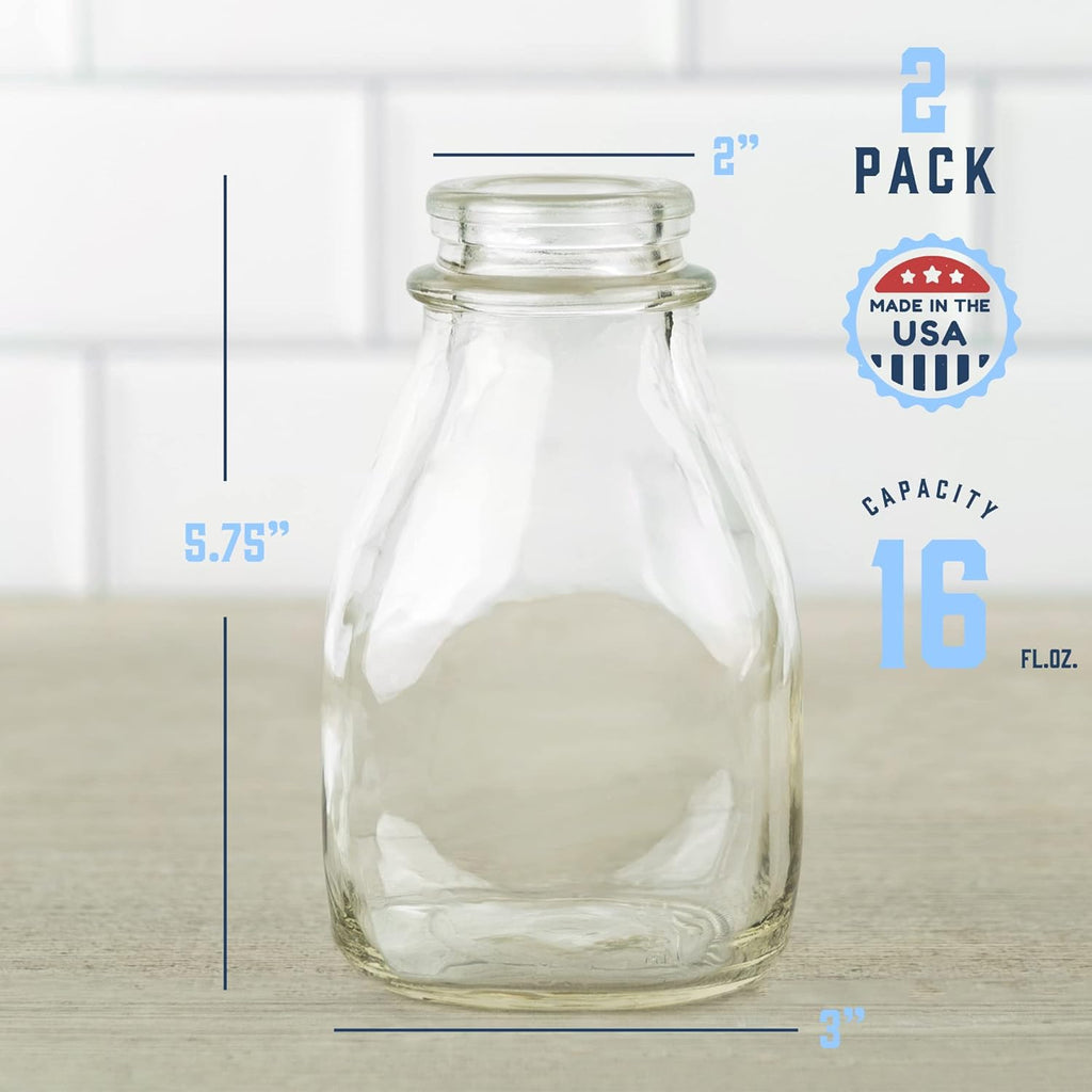 kitchentoolz 16 Oz Glass Milk Bottle with Lid - 16 Ounce Short and Wide Glass Milk Container for Refrigerator with Tamper Proof Lid and Pour Spout - Pack of 2