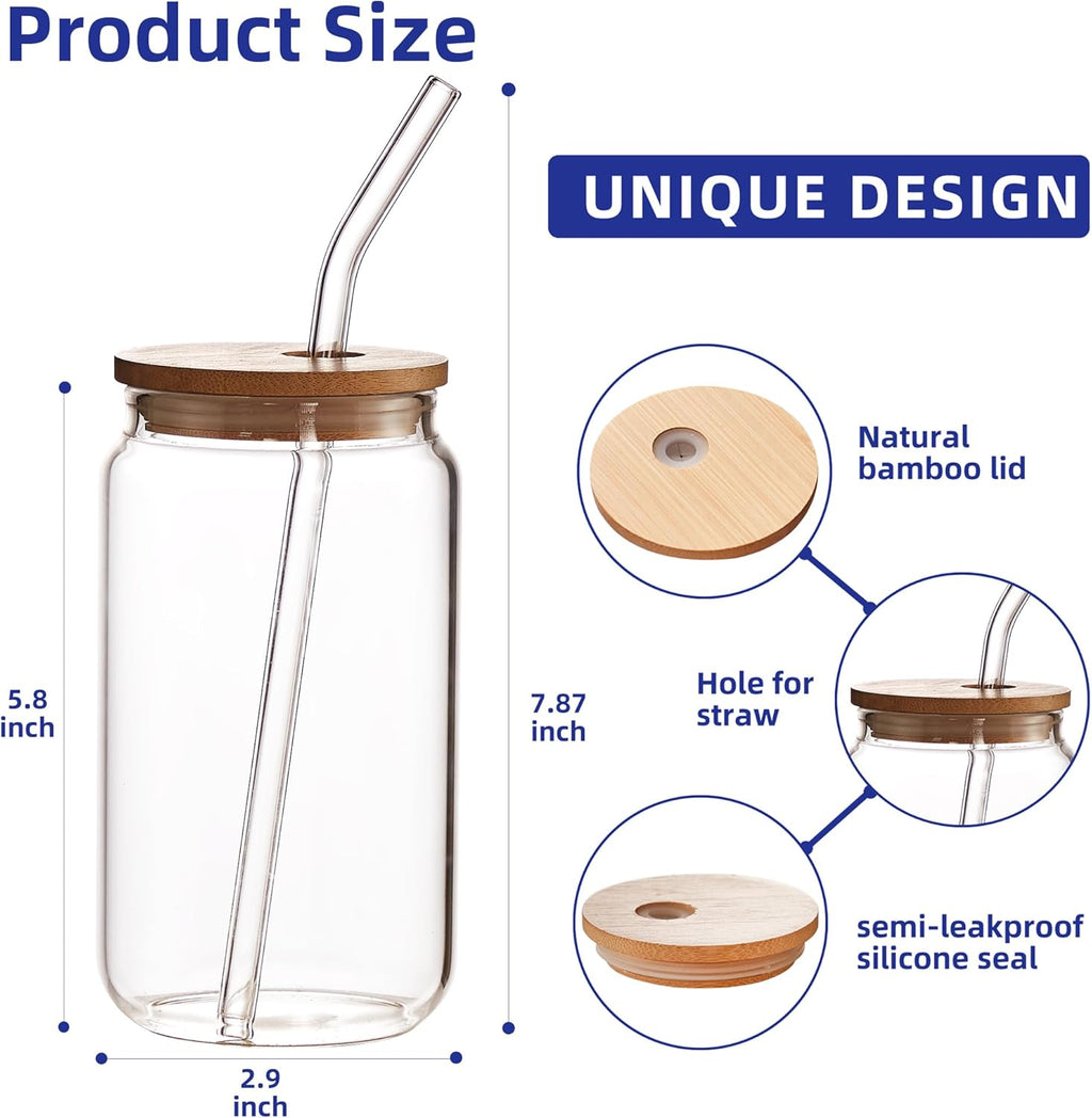 4pcs Set-16oz, Glass Cups with Bamboo Lids and Glass Straw - Beer Can Shaped,CuteTumbler Cup,Soda,deal for Cocktail,Iced Coffee Cups,4 Cleaning Brushes