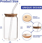 4pcs Set-16oz, Glass Cups with Bamboo Lids and Glass Straw - Beer Can Shaped,CuteTumbler Cup,Soda,deal for Cocktail,Iced Coffee Cups,4 Cleaning Brushes