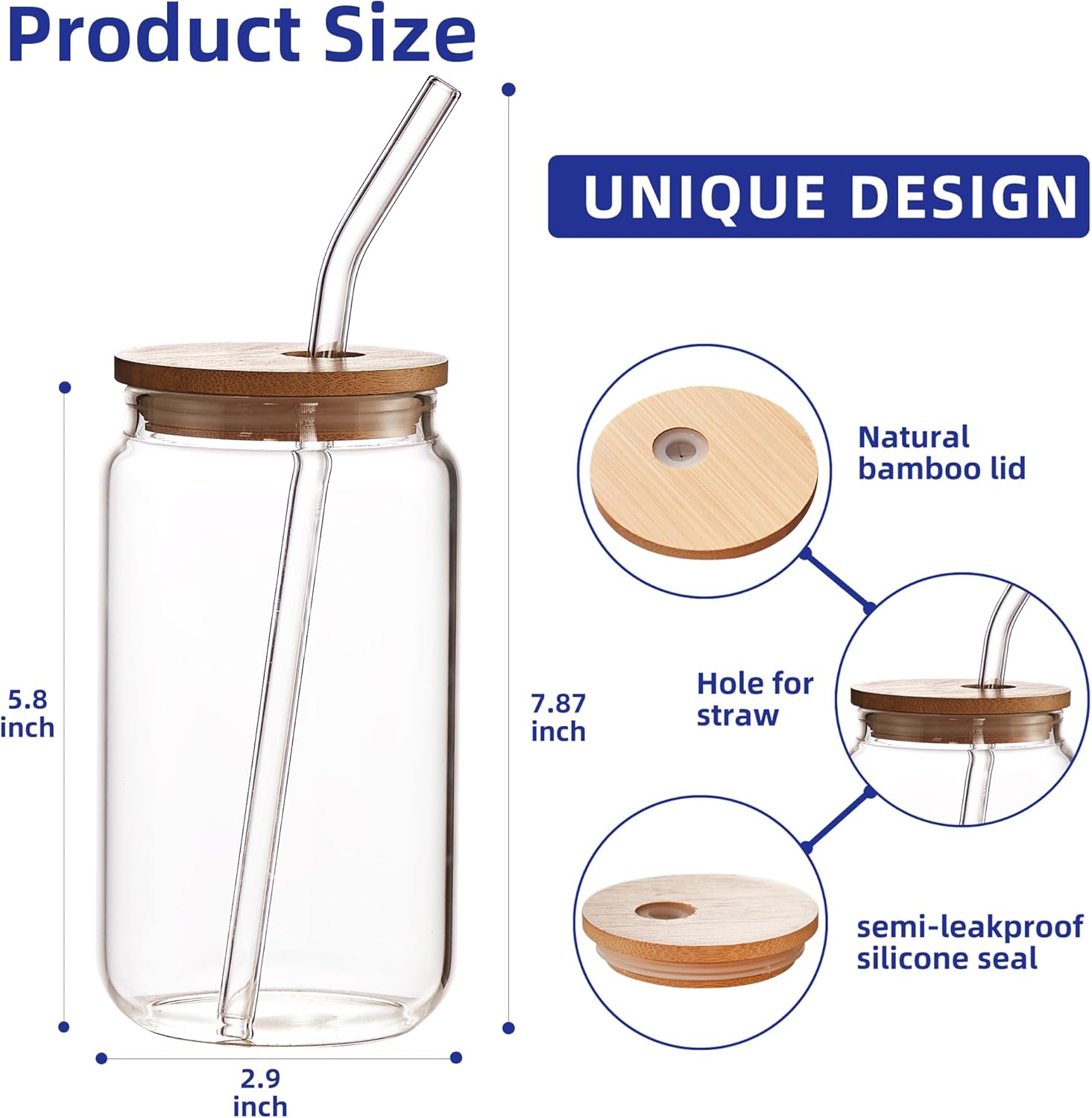 4pcs Set-16oz, Glass Cups with Bamboo Lids and Glass Straw - Beer Can Shaped,CuteTumbler Cup,Soda,deal for Cocktail,Iced Coffee Cups,4 Cleaning Brushes