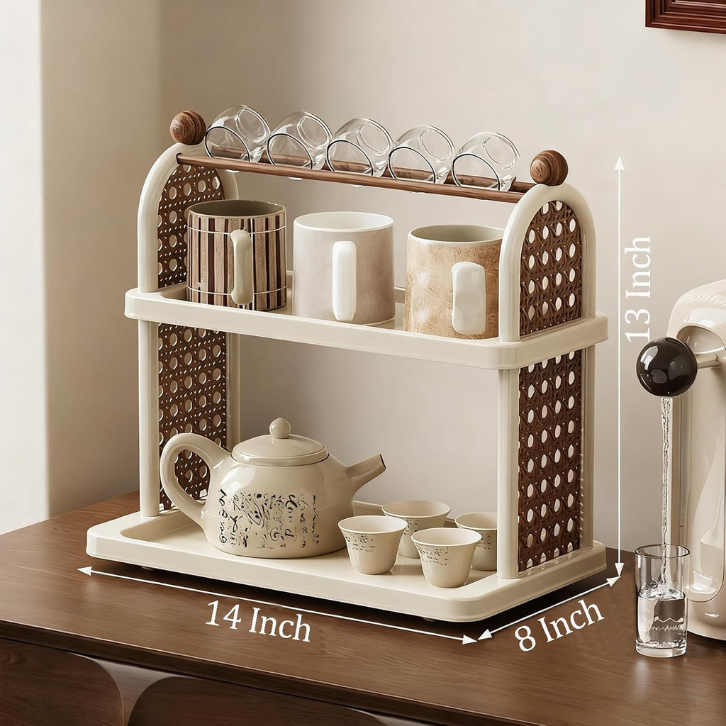 2-Tier Rattan Organizer Vintage Coffee Mug Cup Holder for Countertop Kitchen Bedroom and Living Room, Saucer Bottle Storage Kitchen Accessories (White)