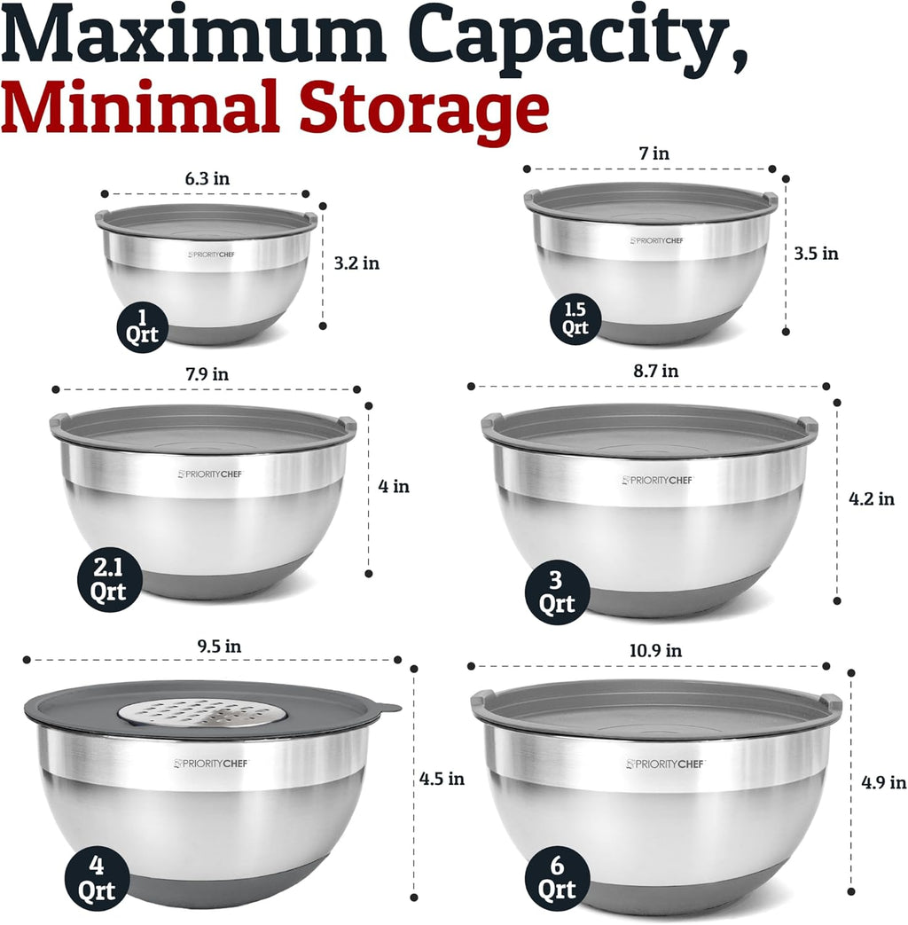 Priority Chef 6Pc Large Mixing Bowls With Lids Set with Non-Slip Bases, Stainless Steel Mixing Bowl Set, 6 Airtight Lids and 3 Graters, Grey