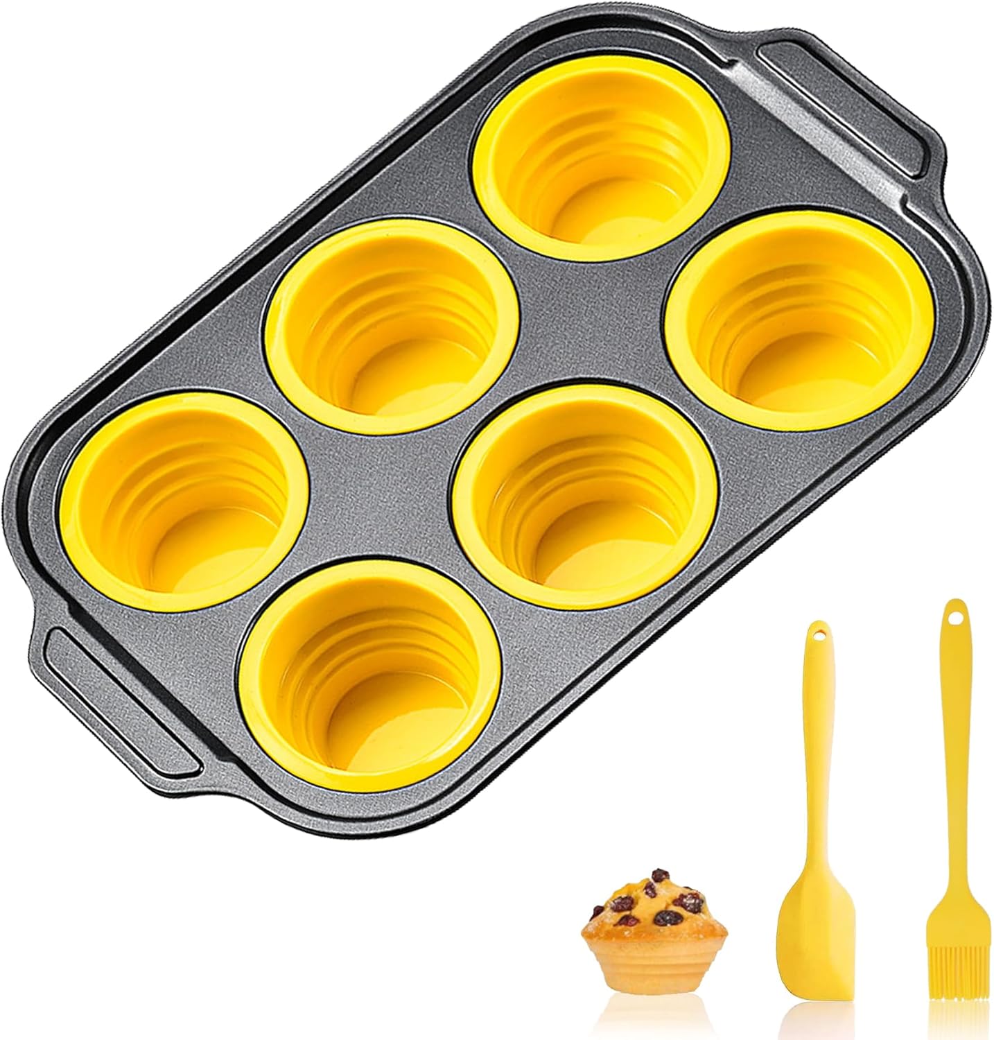 Silicone Muffin Pan Set, 6 Cups Cupcake Pan, With Metal Frame Nonstick Press to Easily Pop Out for Baking Homemade Muffins,Breads, Cupcakes, Egg Bites, BPA-Free Silicone (Yellow, 6Cups)