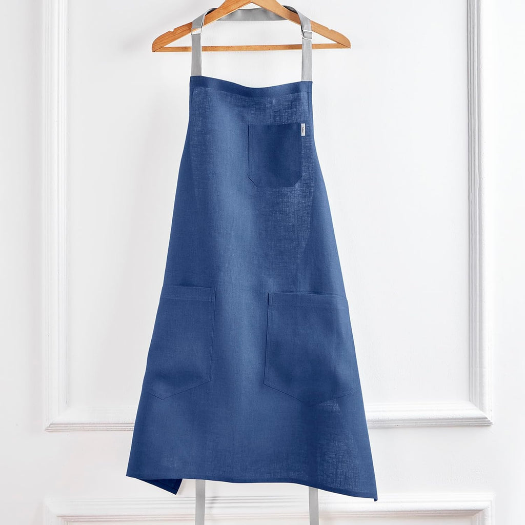 Solino Home Linen Kitchen Apron for Men & Women - Indigo Blue/Soft Grey Bib Apron with Front Pockets - Handcrafted from European Flax