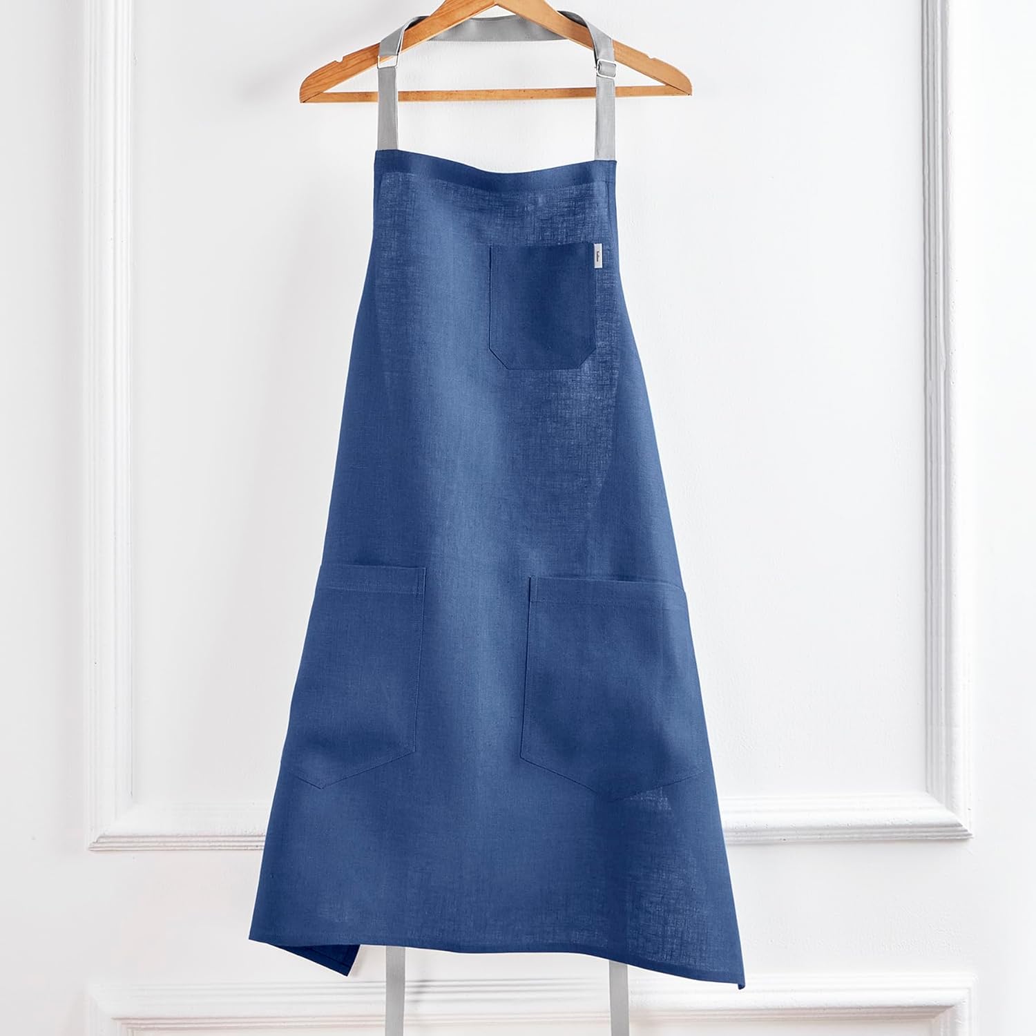 Solino Home Linen Kitchen Apron for Men & Women - Indigo Blue/Soft Grey Bib Apron with Front Pockets - Handcrafted from European Flax