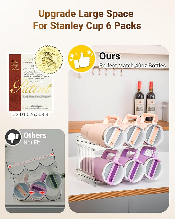 Water Bottle Organizer for Stanley Cup Accessories, Cabinet Organizers and Storage for Meoky 40 oz Tumbler with Handle, Fridge Tumbler Organizer Kitchen Gadgets Gifts, 2Pack Large-6-bottle