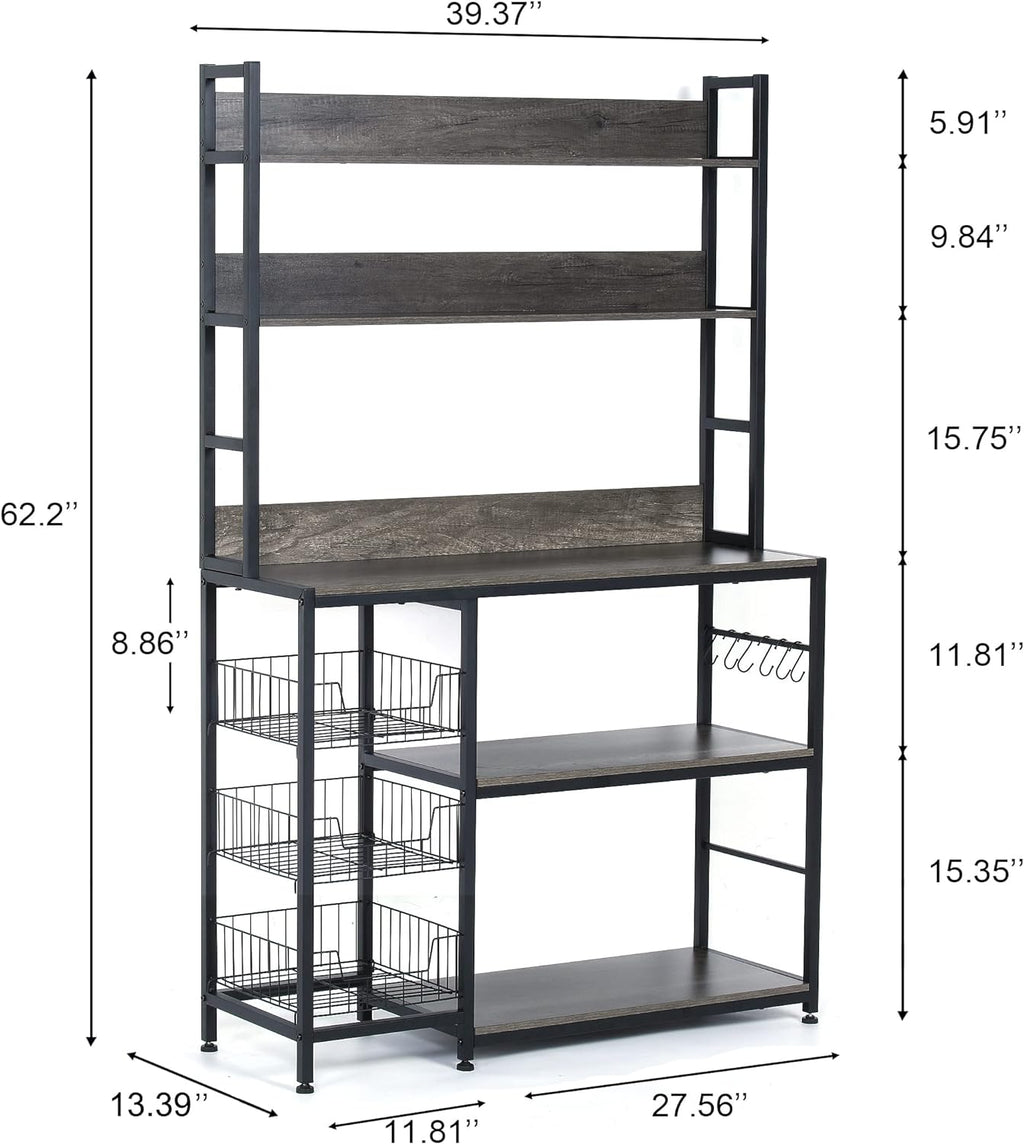 Kitchen Bakers Rack with Baskets,Free Standing Shelf,5-Tier Kitchen Utility Storage Shelf with Hooks, Microwave Oven Stand Rack Grey