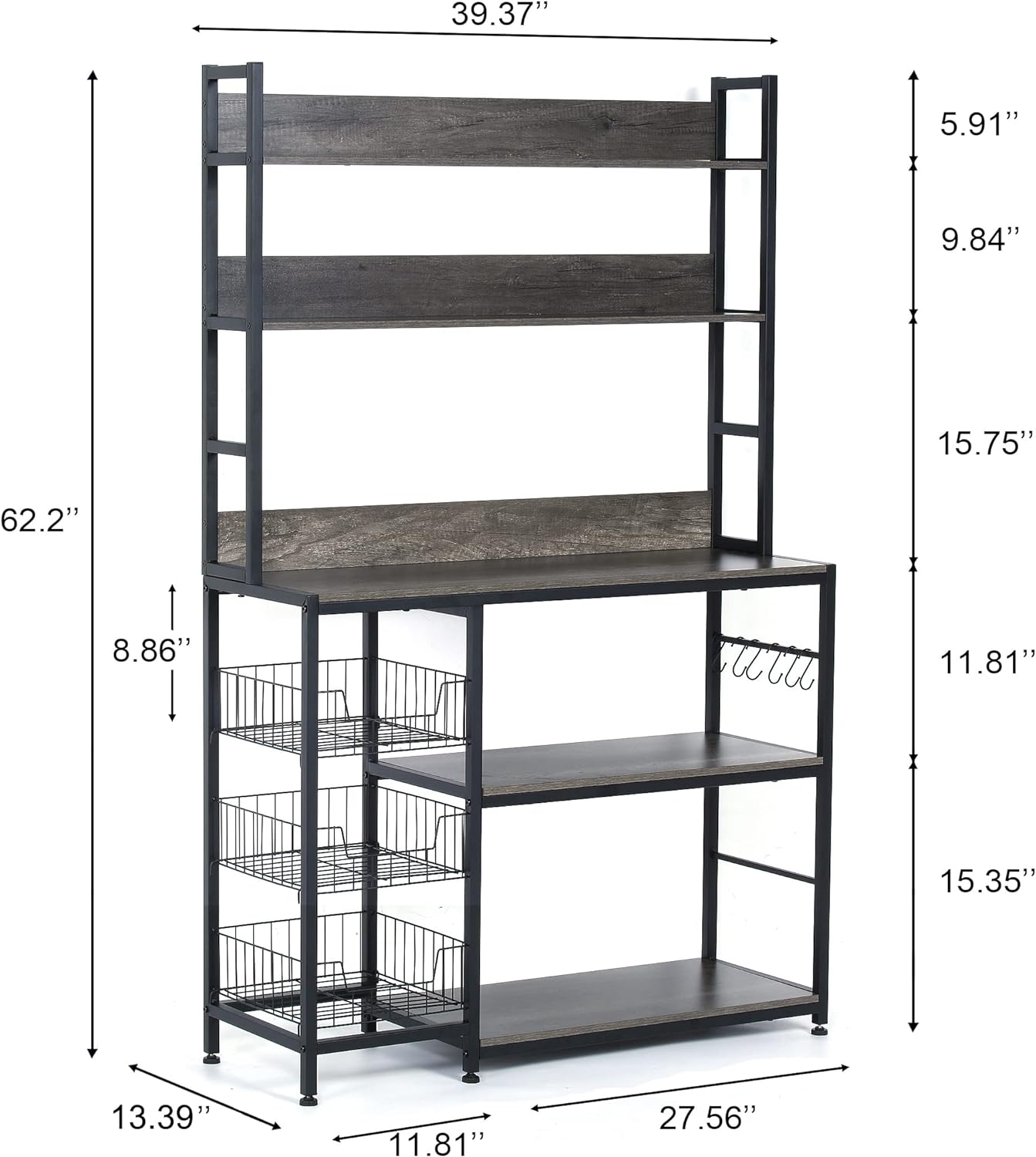 Kitchen Bakers Rack with Baskets,Free Standing Shelf,5-Tier Kitchen Utility Storage Shelf with Hooks, Microwave Oven Stand Rack Grey