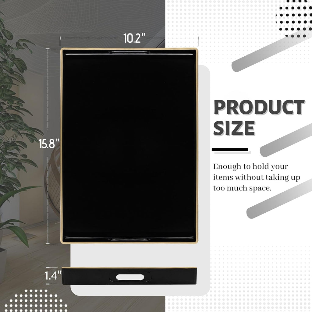 MAONAME Black Decorative Tray for Coffee Table, Modern Serving Tray with Handles, Plastic Rectangular Tea Tray for Ottoman, Bathroom Decor, 15.8” X 10.2” x1.4