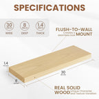 Fun Memories Rustic Floating Shelves for Home Decor, 8 Inch Deep Floating Shelf, Solid Wood Floating Wall Shelves 30 Inch Long, Deep Wall Shelves for Bathroom, Living Room, Natural Finsh, Set of 2