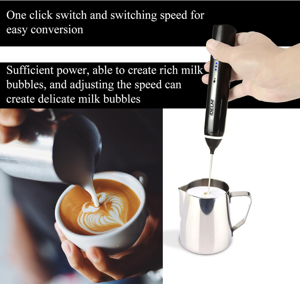 Delm Milk Frother Electric USB Stainless Steel Accessory - Frother Wand Foam Maker for Lattes - Milk Frother Handheld for Cappuccino, Frappe, Matcha, Hot Chocolate - Frother for Coffee (black)