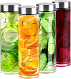 Glass Juice Bottles 4 Pack 20 oz - Wide Mouth Glass Water Bottles with Lids - for Juicing, Protein, Smoothie, Milk, Reusable, BPA Free, Stainless Steel Lids, Blender, Shaker Bottle [20oz/600ml]