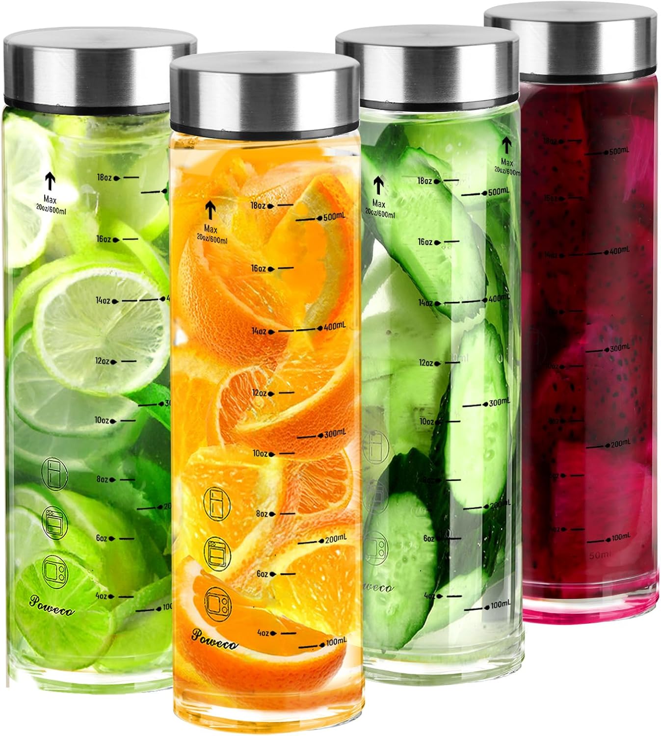 Glass Juice Bottles 4 Pack 20 oz - Wide Mouth Glass Water Bottles with Lids - for Juicing, Protein, Smoothie, Milk, Reusable, BPA Free, Stainless Steel Lids, Blender, Shaker Bottle [20oz/600ml]