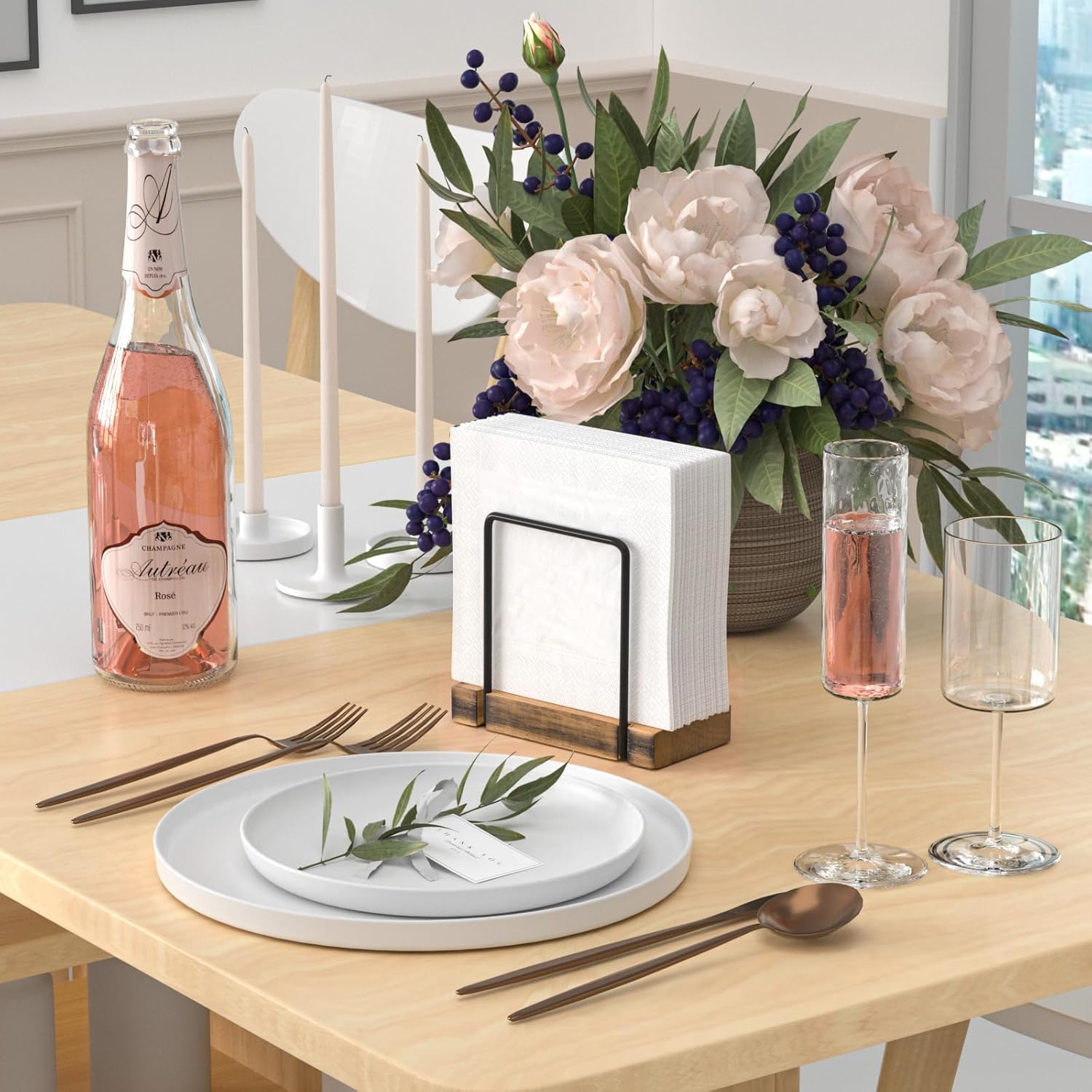 Napkin Holder for Table, Wood Iron Standing Napkin Dispenser for Dining Table Farmhouse Cocktail Picnic Rustic Wooden Holders All Kitchen Dining Room Decor Black & Farmhouse Brown