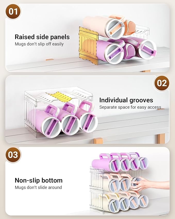 Water Bottle Organizer for Stanley Cup Accessories, Cabinet Organizers and Storage for Meoky 40 oz Tumbler with Handle, Fridge Tumbler Organizer Kitchen Gadgets Gifts, 2Pack Large-6-bottle