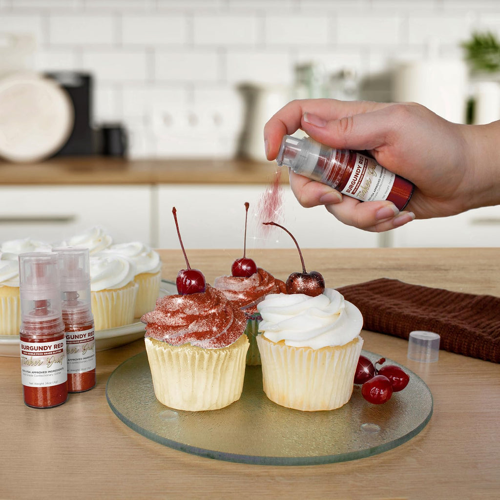Bakell - Burgundy Red Tinker Dust (4g, 1x Mini Spray Pump) Edible Glitter for Food, Desserts, and Beverages!
