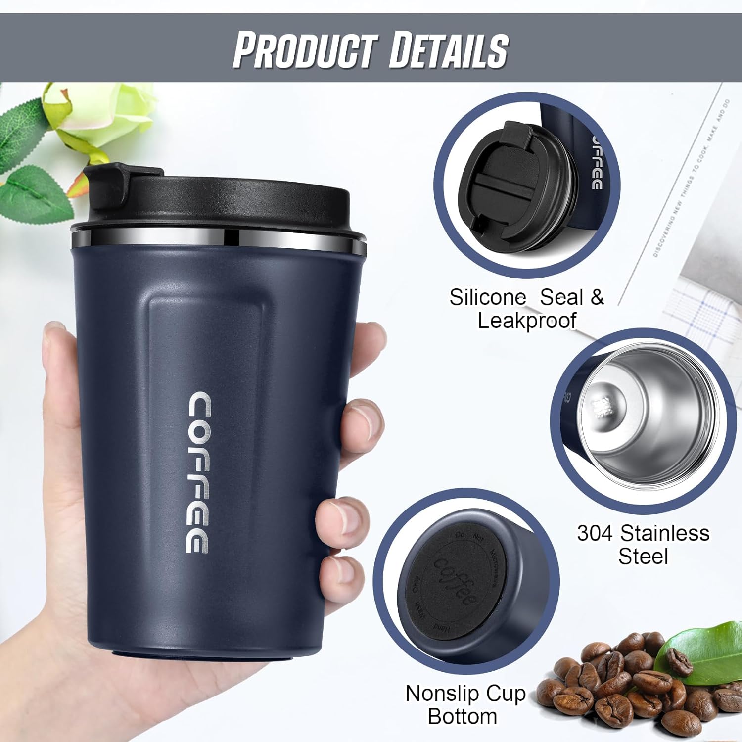 Sieral 4 Pcs 13 oz Travel Coffee Mug Insulated Reusable Coffee Cups with Leakproof Lid Stainless Steel Portable Tumbler for Keep Hot or Ice Milk Tea(Navy Blue)