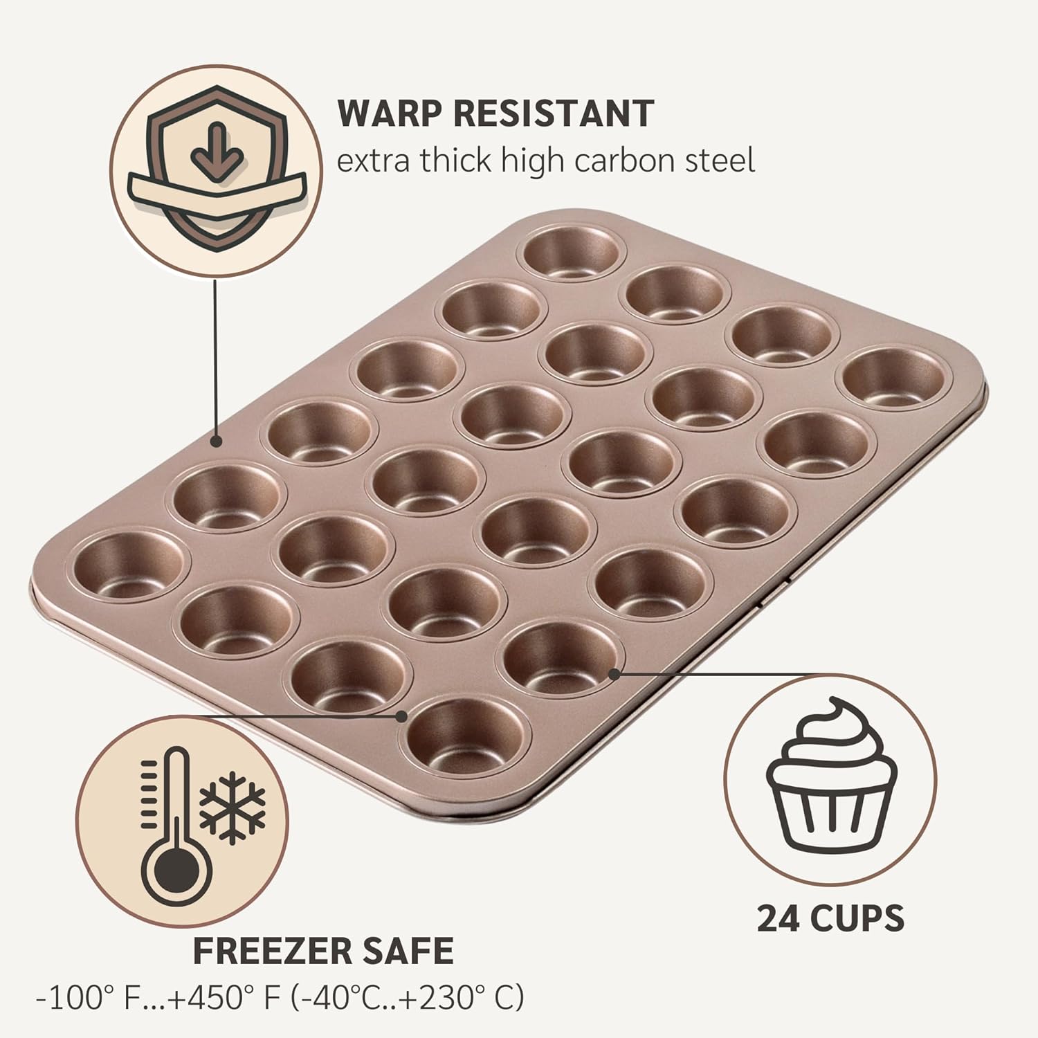 Non Toxic Nonstick 24 Cup Mini Muffin Pan | PFOA BPA free Nontoxic Mini Cupcake Tin | Best Non Stick Muffin Pans | Carbon Steel Small Muffin tins | Cupcakes Bakeware Mold
