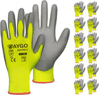 KAYGO Safety Work Gloves PU Coated-12 Pairs, KG11PB, Seamless Knit Glove with Polyurethane Coated Smooth Grip on Palm & Fingers, for Men and Women, Ideal for General Duty Work (XX-Large, Green)