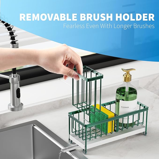 Cisily Sponge Holder for Kitchen Sink, Sink Caddy Organizer with High Brush Holder, Countertop Organizers and Storage Rustproof 304 Stainless Steel, Dark Green Kitchen Decor and Accessories