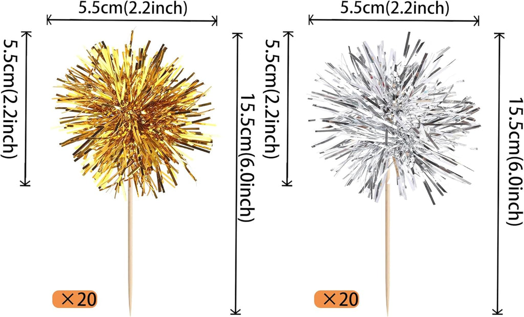 40 PCS Foil Firework Cupcake Toppers Sparkle Tinsel Cupcakae Picks Foil Firework Party Decorations Cocktail Fruit Toothpick for Fireworks Theme Birthday Wedding Graduation Party Decoration Gold Silver