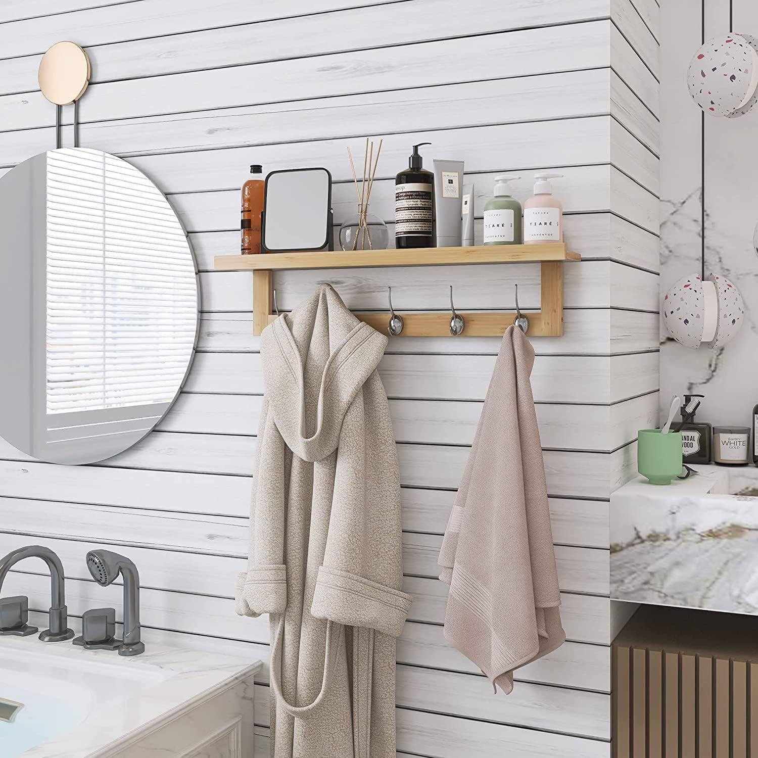 SMIBUY Coat Hooks with Shelf Wall-Mounted, 29.2 Inch Entryway Coat Rack for Wall, Bamboo Hanging Shelf with 5 Double Metal Hooks for Bathroom, Bedroom, Kitchen, Living Room, Mudroom (Natural)