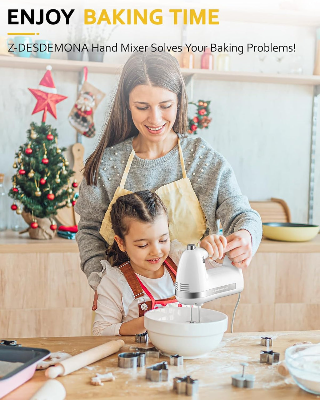 Electric Hand Mixer, Powerful 300W Hand Mixer Electric Handheld with 304 Beaters, Dough Hook,Hand Held Mixer with Turbo for Baking Cakes, Eggs, Cream Food(White)