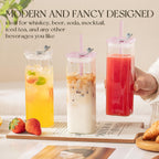 6PCS Pink Square Drinking Glass Cups, 17 Oz Modern Glassware with Lids & Straws - Old Fashioned Cocktail Glasses for Juice, Iced Coffee, Bubble Tea, Party Drinkware