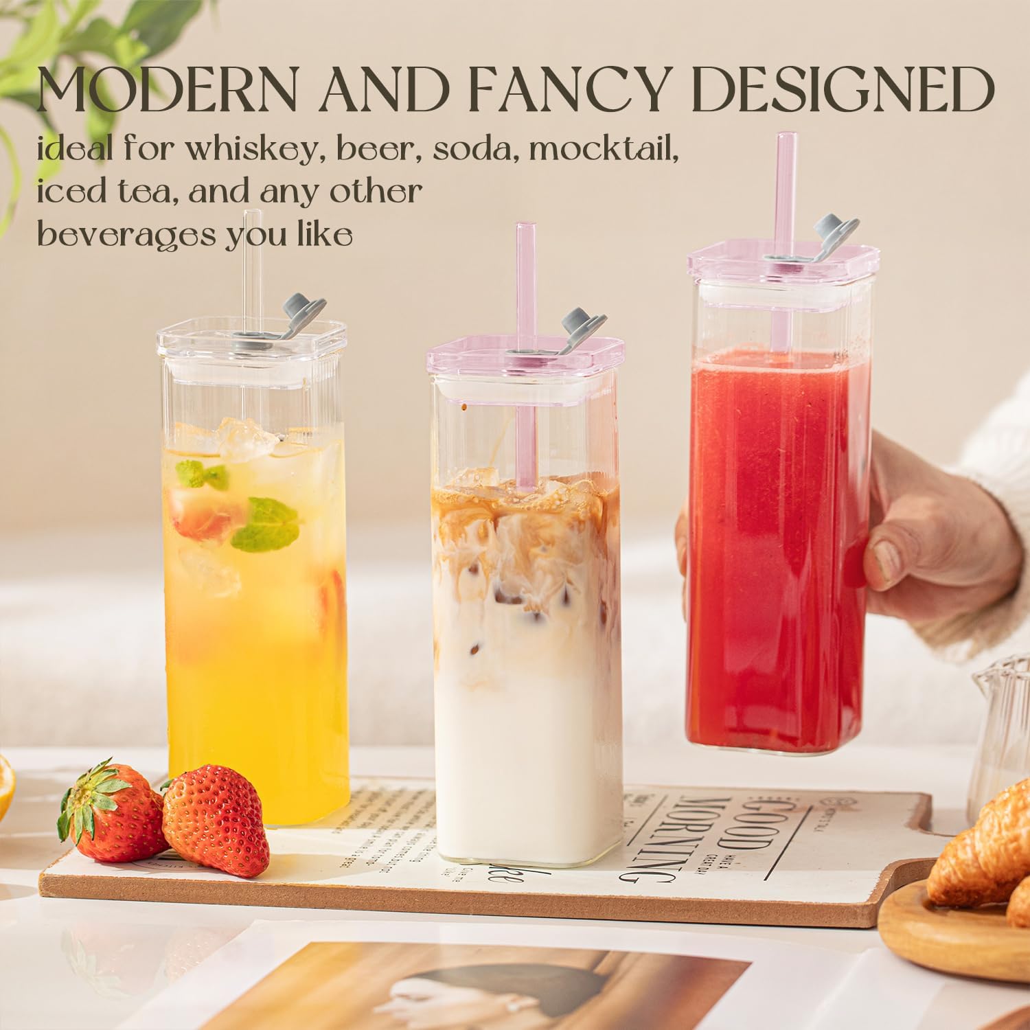 6PCS Pink Square Drinking Glass Cups, 17 Oz Modern Glassware with Lids & Straws - Old Fashioned Cocktail Glasses for Juice, Iced Coffee, Bubble Tea, Party Drinkware