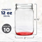 DISCOUNT PROMOS Decorating Mason Jars 12 oz. Set of 10, Bulk Pack - Glass Jars for Overnight Oats, Candies, Fruits, Pickles, Spices, Beverages - Red