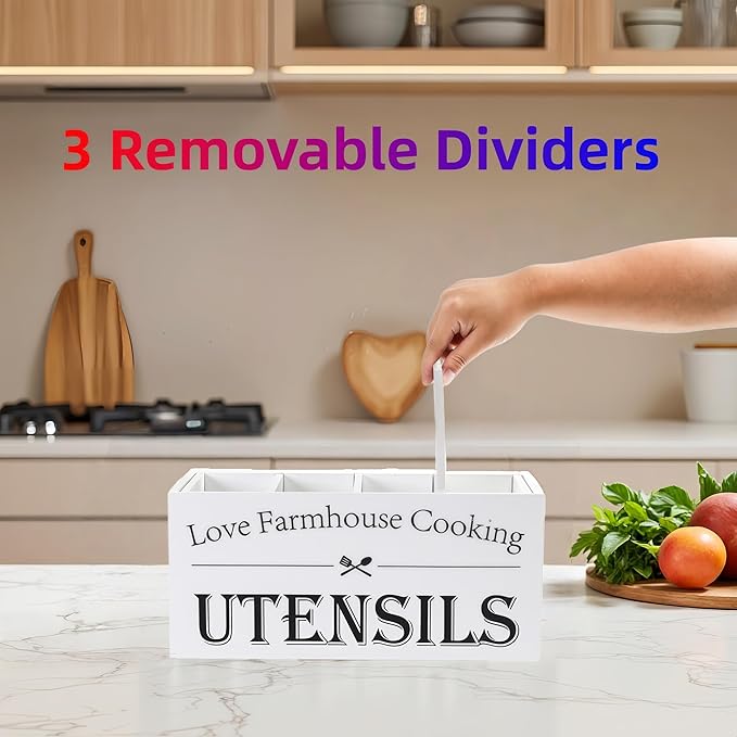 Kitchen Utensil Holder,Farmhouse Wooden Utensil Holder For Kitchen Counter,Extra Large Cooking Spatula Organizer,Big Storage With 4 Compartments Flatware Spoon Tool Cutlery（White）