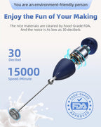 Milk Frother Handheld with Case,USB C Rechargeable Frother Wand for Coffee, Portable Electric Whisk with Stand,Waterproof Hand Drink Mixer Travel for Lattes, Cappuccino, Matcha, Egg (Navy blue)