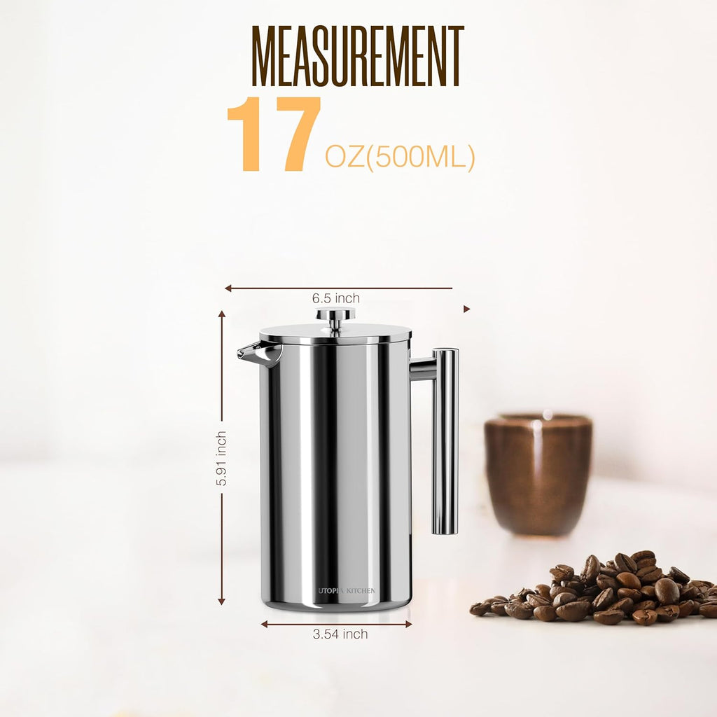 Utopia Kitchen French Press Coffee Maker, Double Wall Insulated Stainless Steel Coffee Press with 4-Level Filtration system, Includes 2 Extra Filters, Rust-Free, Dishwasher Safe (Silver, 17 Ounce)