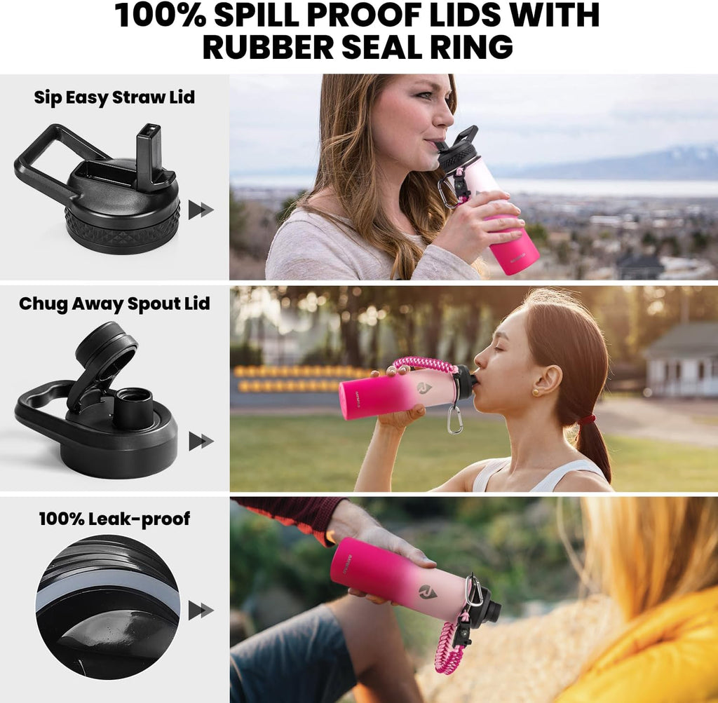 Insulated Water Bottle 20 oz, Triple Wall Vacuum Stainless Steel (Cold for 48 Hrs), Leak Proof & Non-BPA, Kids Water Bottle Jug for School with Straw Spout Lids, Ombre Pink