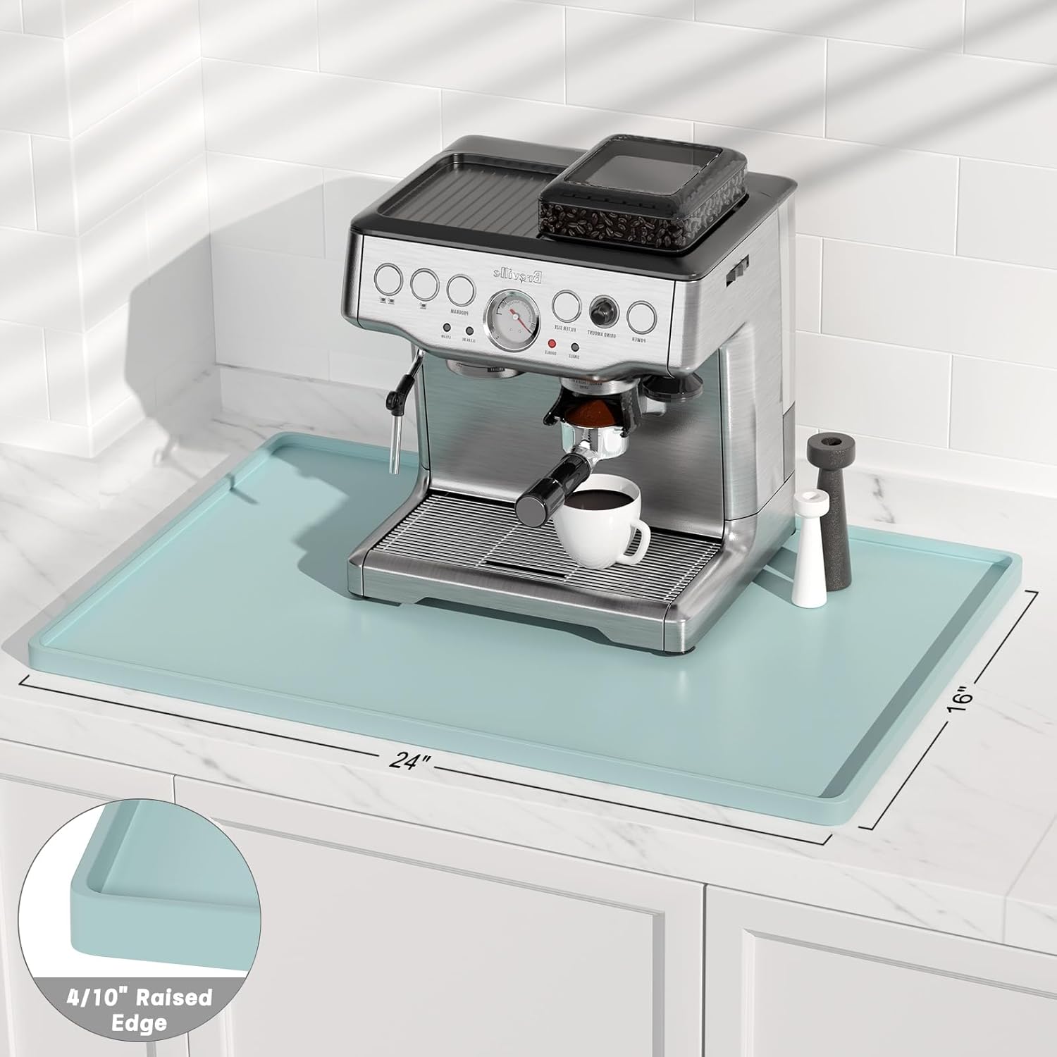 Rnivvi Silicone Coffee Mat, 16" x 24" Waterproof Raised Edge Coffee Bar Mats for Espresso Machine Station Accessories, Heat Resistant Dish Drying Pad for Kitchen Counter, Bar Decor Pad, Shadow Green