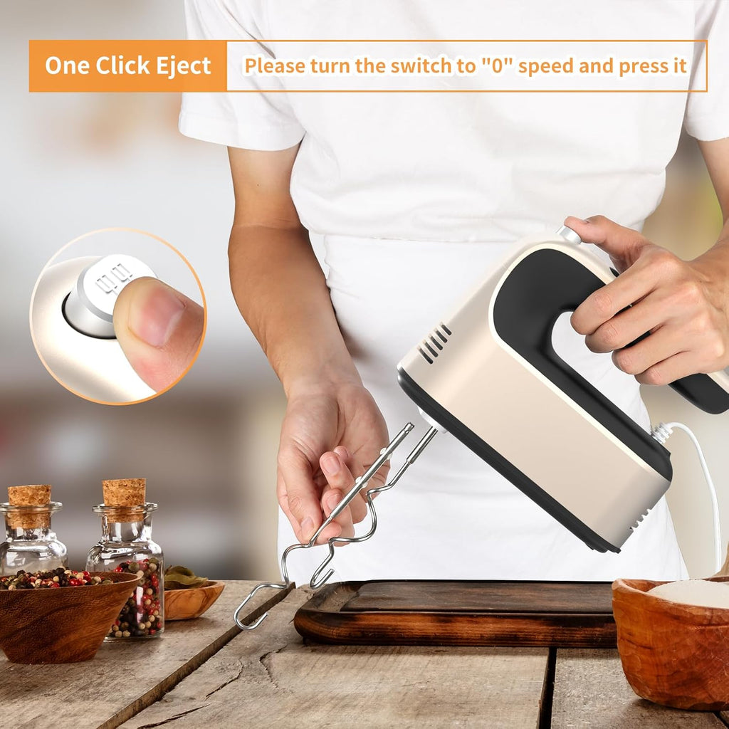 9-Speed Digital Hand Mixer Electric, 400W Powerful DC Motor, Baking Mixer Handheld with Snap-On Storage Case, 5 Stainless Steel Accessories, Flat Beaters, Dough Hooks, Whisk (Champagne Gold)