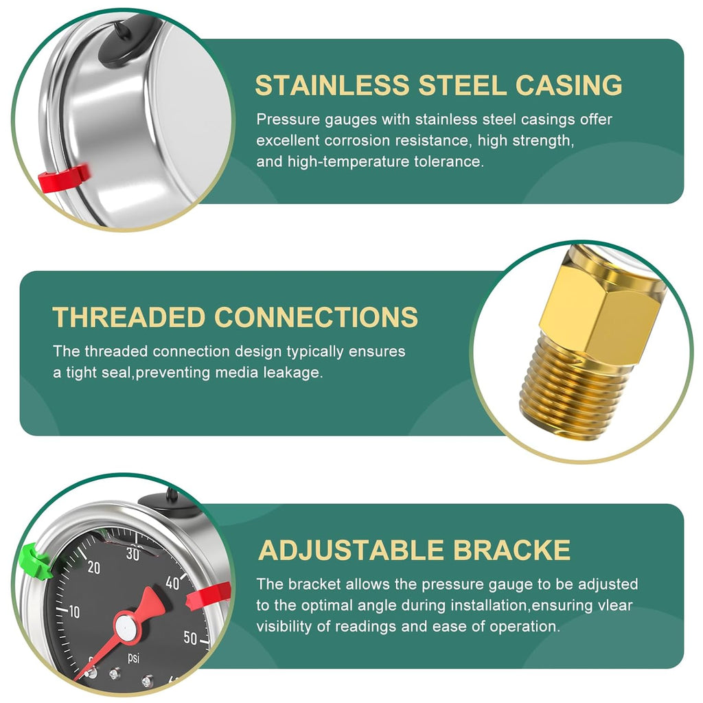 0-60PSI Stainless Steel Glycerin Filled Pressure Gauge 1.5" Black Dial Size, 1/8" NPT Lower Mount, for Tube, Water Pump, Gas, Liquid, Pressure Test (with Range Mark Pointer)