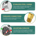 0-60PSI Stainless Steel Glycerin Filled Pressure Gauge 1.5" Black Dial Size, 1/8" NPT Lower Mount, for Tube, Water Pump, Gas, Liquid, Pressure Test (with Range Mark Pointer)